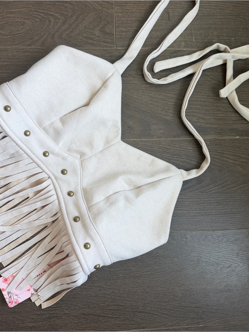 SHEIN Cream Fringe Halter Crop Top with Stud Detail